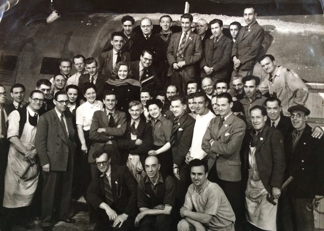 Shirley (centre) with the crew of Broken Journey and the star Phyllis Calvert (with the scarf). Pinewood Studios 1948