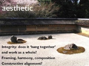 Presentation slide. 
Background image of Japanese Zen garden.
Slide Title ‘Aesthetic’. 
Also: Integrity - does it hang together and work as a whole?
Framing, harmony, composition
Constructive alignment? 